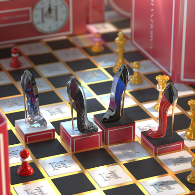 Four stiletto bottles standing on a chessboard beside gold queens and red pawns.