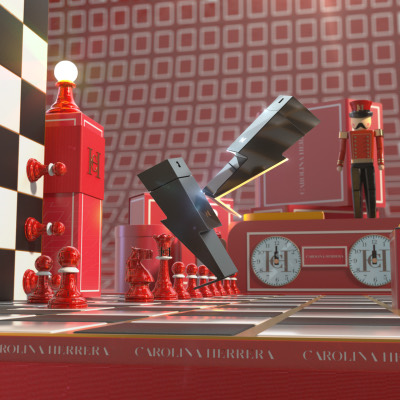 A red and black set with a tower of boxes and a toy soldier against a patterned wall.