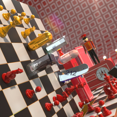 212 bottles lying across a chessboard among gold queens and red pawns.