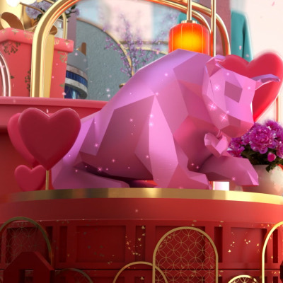A faceted pink ox on a red and gold platform surrounded by heart balloons and flowers.