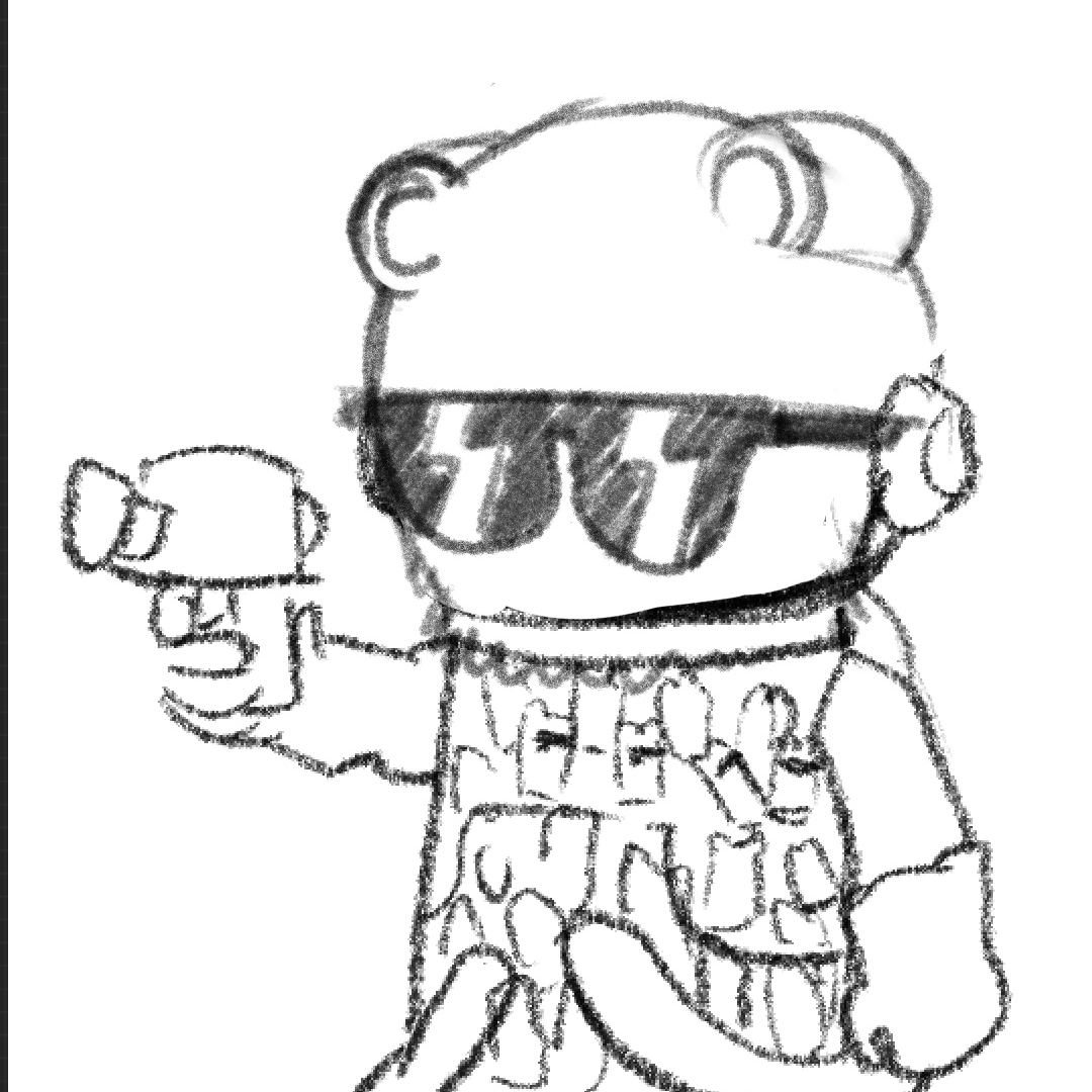 A pencil sketch of the character in wraparound sunglasses, holding a small figure out in one hand, roughed out in loose graphite on white.