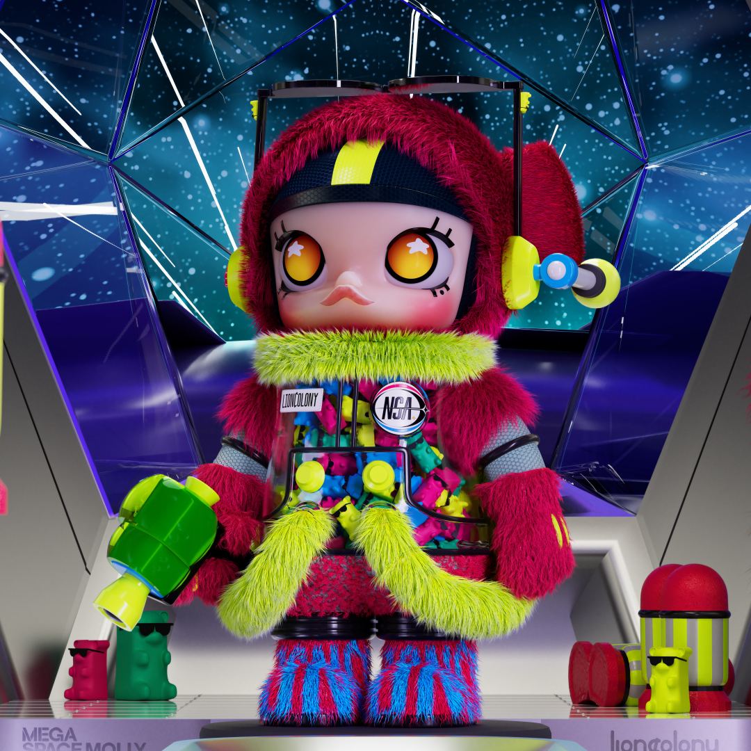 Mega Space Molly in a red fur suit and visor, a clear chest panel packed with coloured gummy figures, LIONCOLONY and NSA badges at the collar.