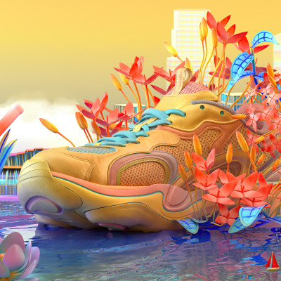 A giant yellow sneaker with coral and blue panels standing in shallow water surrounded by red tropical flowers, towers behind.