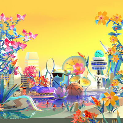 The wider garden: a blue bear in sunglasses, a basketball, a badminton racket and lotus flowers over water.