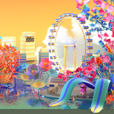 An observation wheel and tower blocks rising behind oversized pink and blue blossom.
